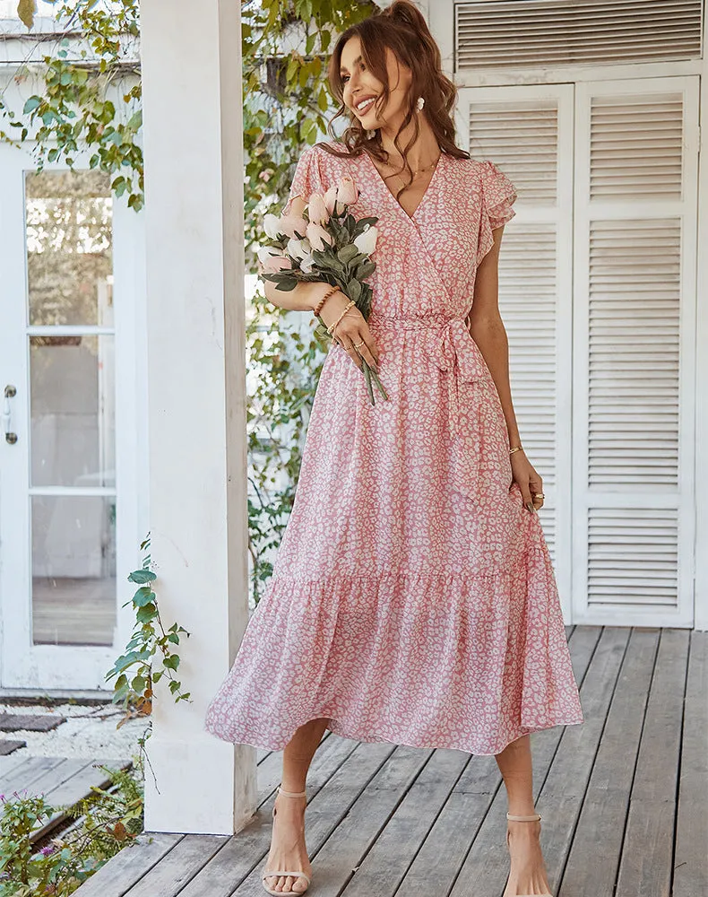 Women's Floral Summer Dress Wrap V Neck Short Sleeve Belted Ruffle Hem A-Line Bohemian Maxi Dresses