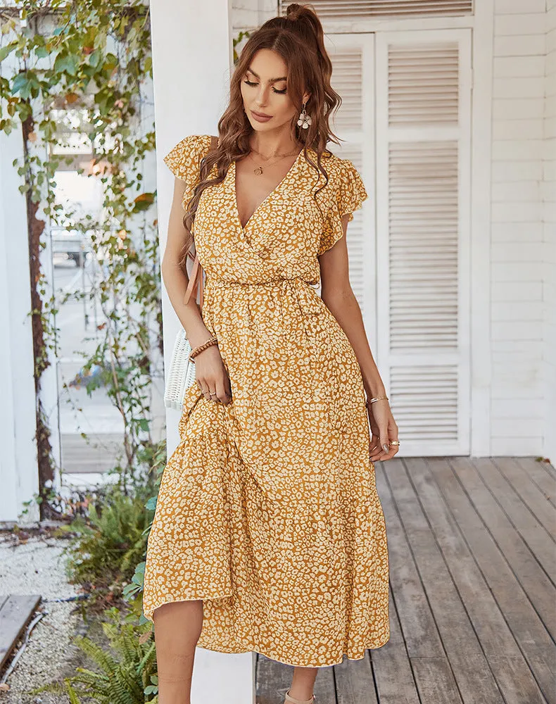 Women's Floral Summer Dress Wrap V Neck Short Sleeve Belted Ruffle Hem A-Line Bohemian Maxi Dresses