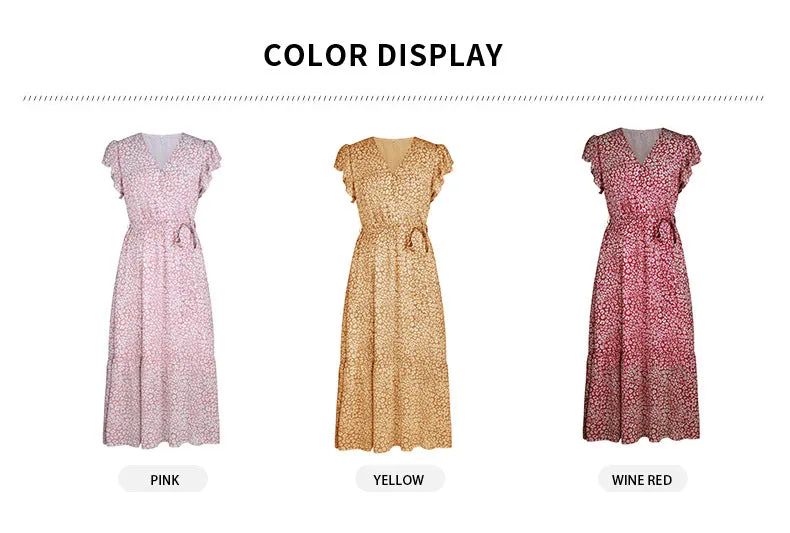Women's Floral Summer Dress Wrap V Neck Short Sleeve Belted Ruffle Hem A-Line Bohemian Maxi Dresses