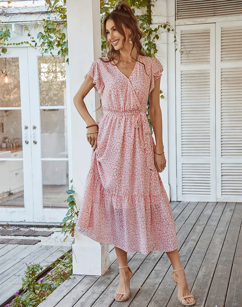 Women's Floral Summer Dress Wrap V Neck Short Sleeve Belted Ruffle Hem A-Line Bohemian Maxi Dresses