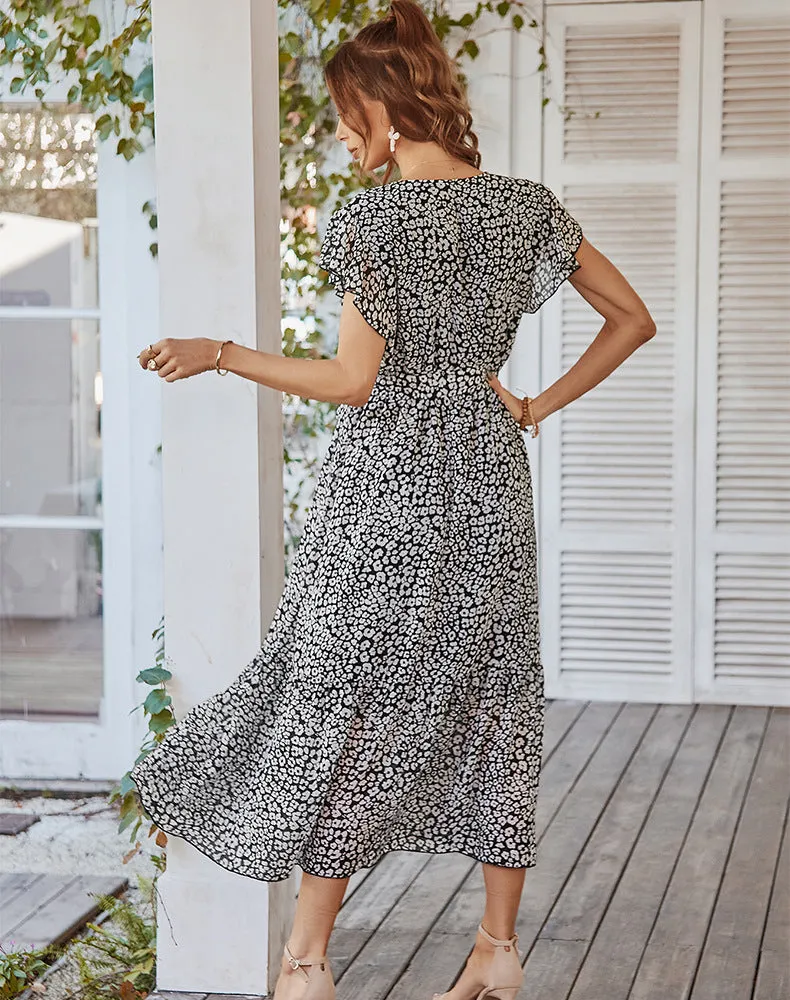 Women's Floral Summer Dress Wrap V Neck Short Sleeve Belted Ruffle Hem A-Line Bohemian Maxi Dresses